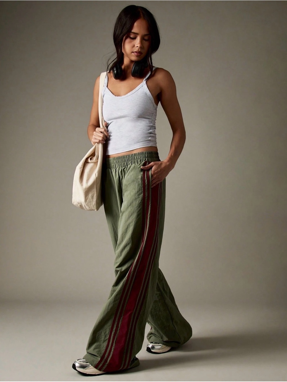 NWT Missguided Olive Green Wide-Leg Pants with Burgundy Stripes